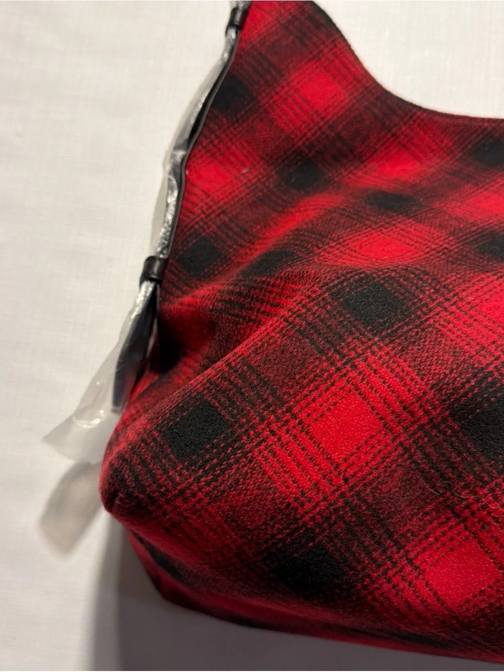J.JILL Large Red Black Leather Buffalo Plaid Wool Blend Hobo Shoulder Bag New
